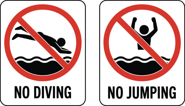 No diving and no jumping safety warning sign art illustration for pool restriction hazard notice symbol design