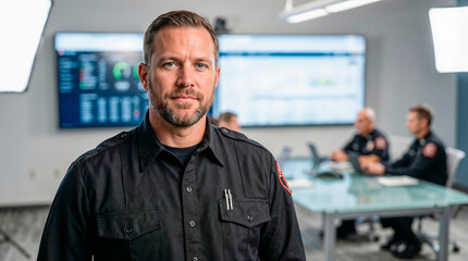 Fototapeta premium Portrait of a confident mid-adult fire officer or policeman in black uniform in a modern command center.