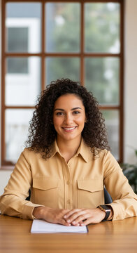 Portrait of smiling young woman with curly hair, in tan shirt at desk, representing professionalism, confidence, and success in a business setting