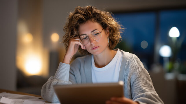 Freelance graphic designer checking multiple banking apps on tablet while sitting in converted garage workspace with invoice papers scattered and worried expression during late afternoon, perfect fo