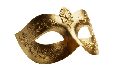 Golden ornate masquerade mask with embossed scrollwork and leaf accent, isolated on transparent background for celebrations © Claudia