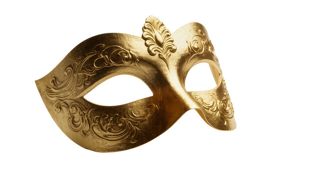 Golden ornate masquerade mask with embossed scrollwork and leaf accent, isolated on transparent background for celebrations
