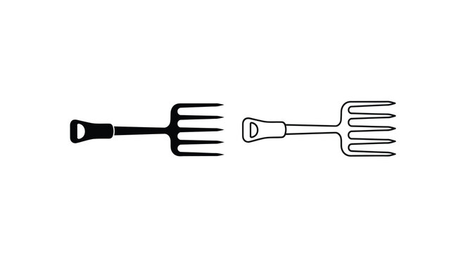 Black and white illustration of garden forks in different orientations