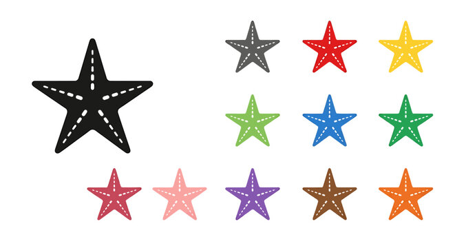 Starfish icons in various colors, including black, gray, red, yellow, green, blue, pink, purple, brown, and orange, arranged on a white background.