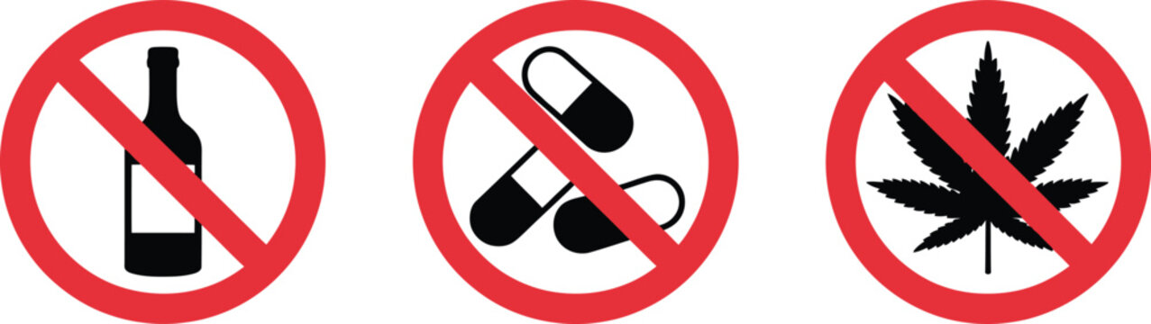 No drugs sign prohibition symbol for substance restriction warning safety notice public awareness vector design