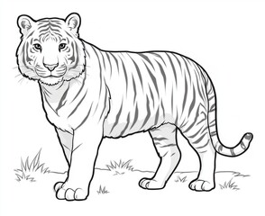 Obraz premium Tiger standing in grass with clear lines and details