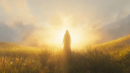 Papier peint photo Chambre de fille Goddess silhouette in a field at sunset. A goddess figure stands in a field, silhouetted against the sun, with arms raised, evoking a sense of spirituality and peace.  © Olena