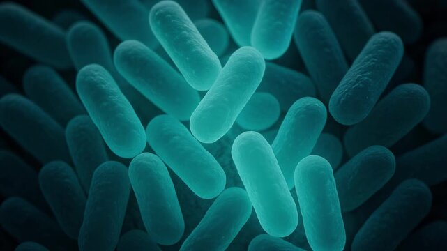 Pulsing colony of microscopic glowing bioluminescent rod shaped bacteria in a dark environment, showing cellular processes like division and growth for scientific or medical research