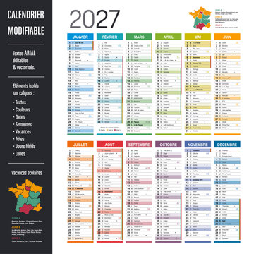 Calendrier Fran&ccedil;ais 2027 modifiable France, vectoriel, &eacute;l&eacute;ments isol&eacute;s sur calques, textes en Arial, &eacute;ditables et vectoris&eacute;s. Mod&egrave;le personnalisable pour bureau.