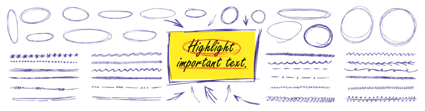 Blue pen strokes circle underline shapes with doodle arrow elements. Vector bundle highlight text scribble oval lines. Rough doodle strike elements encircle note areas visual highlight.
