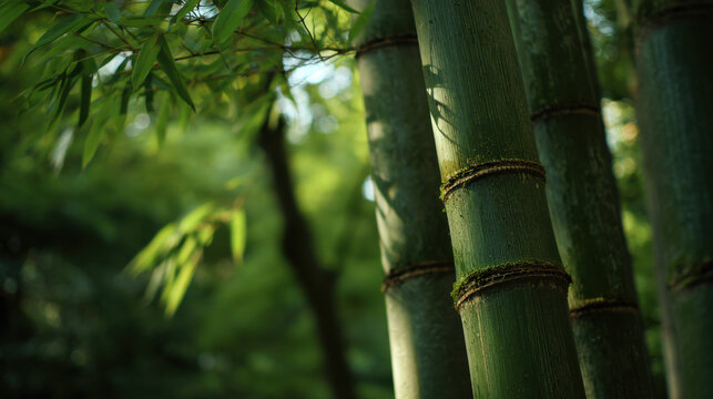 Close-up of Tall Green Bamboo Stalks Growing in a Lush Forest Grove