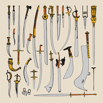Sword weapons icon set old retro vintage illustration poster template design vector elements