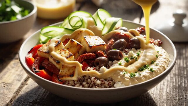 Healthy Mediterranean power bowl with grilled halloumi and quinoa
