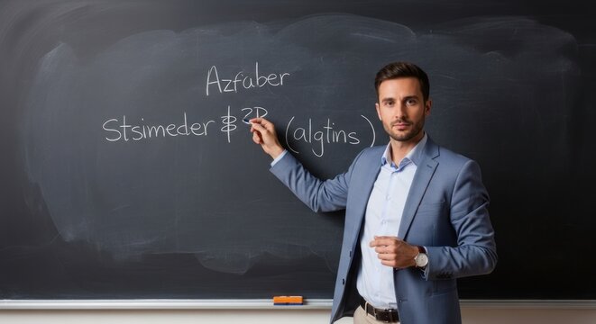 A man in a light blue suit is pointing at a chalkboard with equations written on it. He is a teacher or professor explaining a concept.