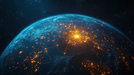 Obraz premium 3D CGI illustration of Earth globe with glowing oil supply chain network, photorealistic planet render, amber energy flow lines connecting oil fields refineries and ports across continents