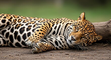 Obraz premium A majestic jaguar rests languidly on a weathered log, its patterned coat blending with the earthy tones of the forest floor.