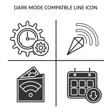 Four dark mode compatible line icons displaying settings clock wireless signal wallet and download calendar symbols for versatile digital application