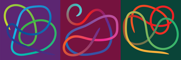 Obraz premium WebSet of Three Abstract Compositions with Colorful Neon Tangled Lines on Purple Maroon and Dark Green Backgrounds