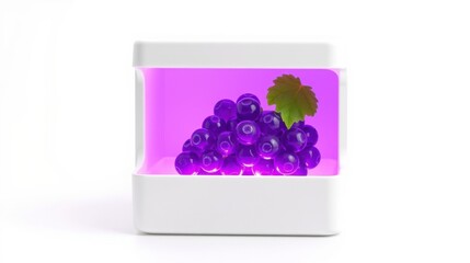 Fototapeta premium Purple grapes inside glowing white container. Bright illumination highlights fruit, creating vibrant display. Minimalist aesthetic.