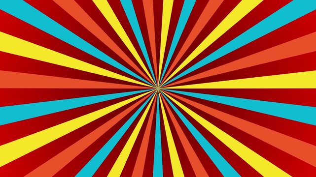 Colorful Rotating Sunburst Background Animation with Blue Yellow Orange and Red Rays Vibrant Comic Style Radial Lines Dynamic Circular Motion Seamless Looping 4K Video