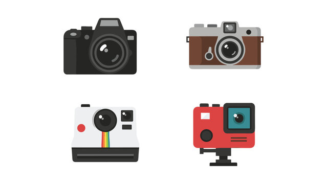 Four distinct types of cameras displayed in a flat graphic design layout