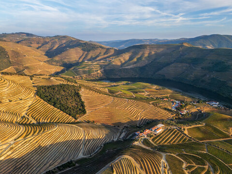Layered hills and terraced vineyards surround the Douro River in this aerial sunset view from Portugal's Douro Valley.