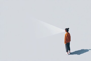 Obraz premium Asian female teen gazing at light beam in minimalist space