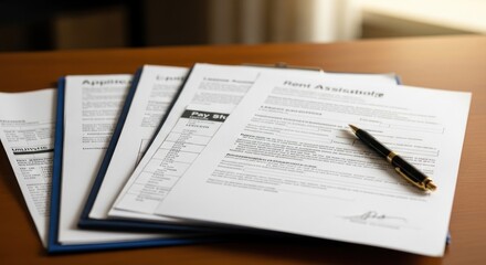Obraz premium A close-up shot of several documents stacked on a wooden table. A black pen rests on top of the papers.