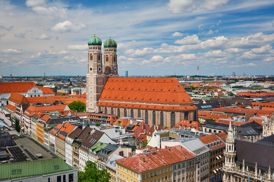 Elevated view of the Frauenkirche (Cathedral of Our Dear Lady) and the historic old town skyline in Munich, Bavaria, Germany.
