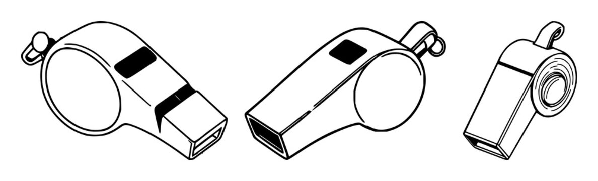 Bosun's whistle set with black line art on white background featuring nautical tool, speaking device, sailors equipment with illustration and vector