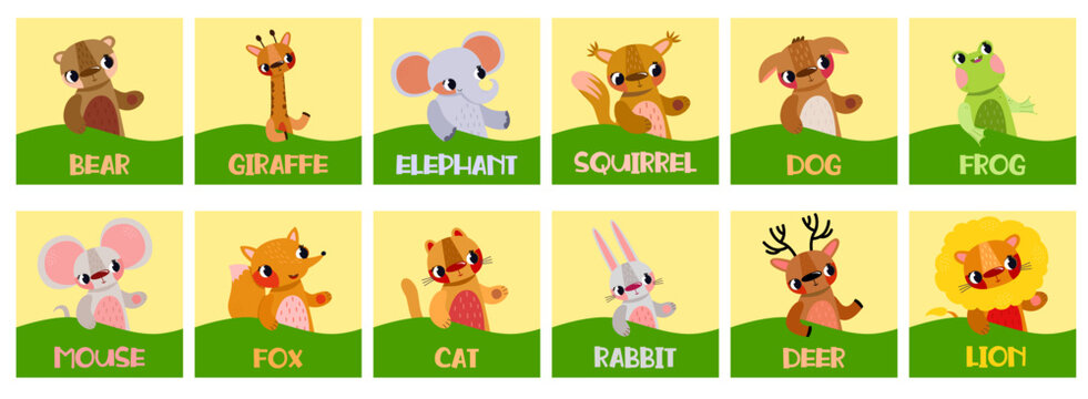 Educational animal matching game cards for children featuring various cartoon creatures with names on a yellow background