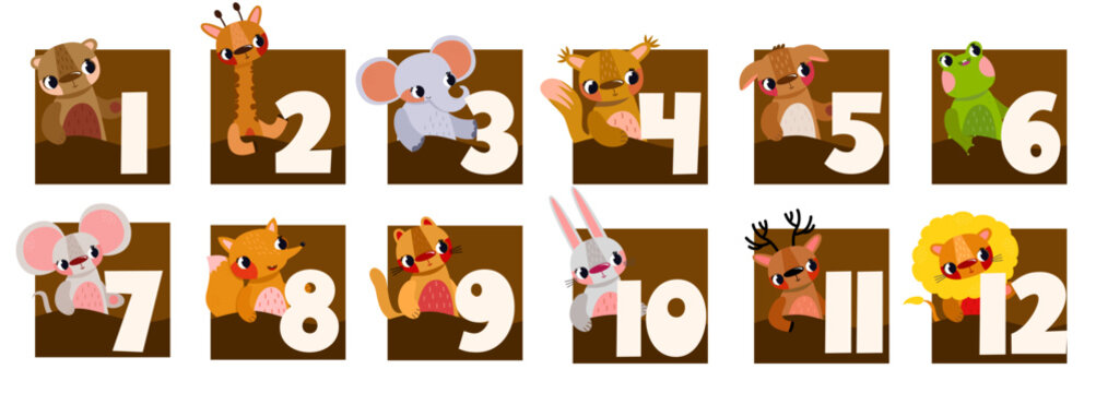 Educational animal number matching flashcards set with numbers 1 to 12 in dark squares for children