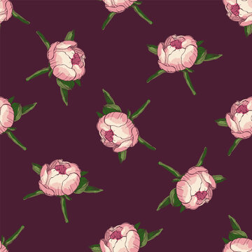 Seamless floral pattern with pink peony flowers and green leaves on white background. Elegant botanical texture for textile, wallpaper, wrapping paper and wedding stationery design.