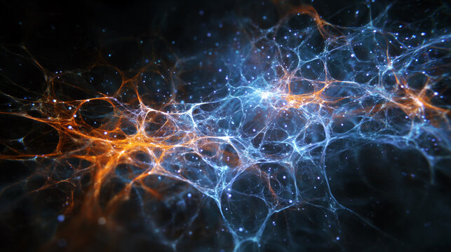 Abstract quantum web of delicate connective tissue strands glowing blue and gold, resembling neural networks or cosmic structures. Ethereal, calming, and futuristic design