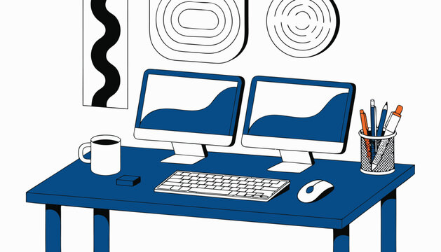 A minimalist office workspace with two computer monitors and desk accessories