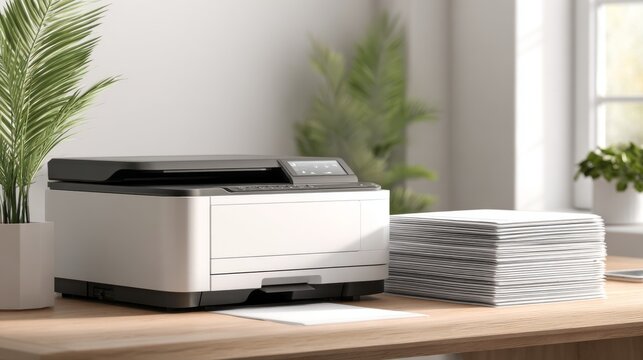 Highly realistic office printer positioned beside a neat stack of fresh white paper on a wooden desk, with green plants and a window providing natural light in a modern workspace