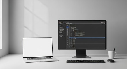 Fototapeta premium A laptop and a monitor sit on a white desk bathed in sunlight. The monitor displays a code editor with a complex, scrolling code window.