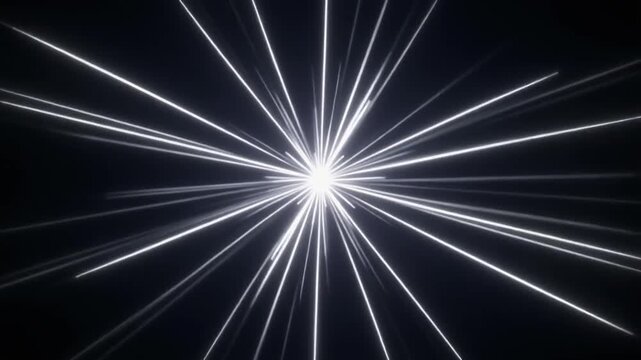 Bright white light burst with radial beams streaking outward in dark space creating dynamic starburst effect with high contrast energy