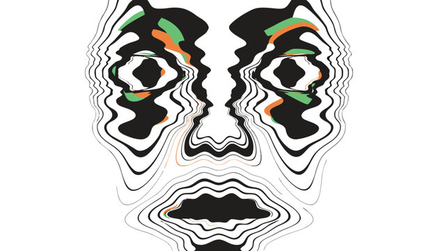 A vibrant abstract illustration of a human face in black and white with colorful accents