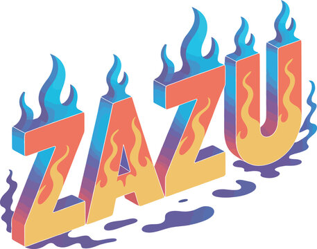 Isometric zazu lettering with vibrant blue flames and melting wax effect in urban graffiti style