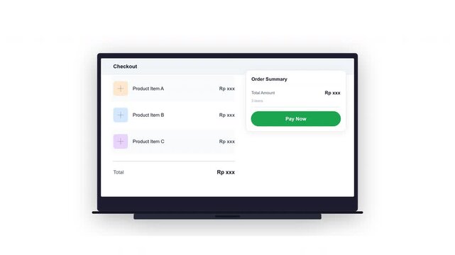 Animated laptop checkout UI clicking green Pay Now for Payment Successful.