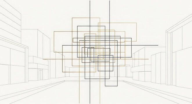 Minimalist geometric line of overlapping squares in hallway background wallpaper poster banner download 2026 2027