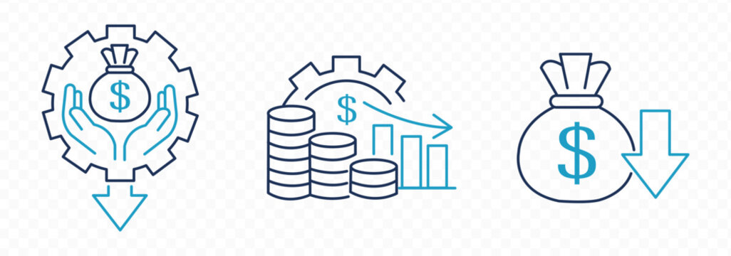 Cost reduction vector icon concepts. cost savings icon, dollar decrease sign. Percent down icon, High and Low Percent arrow icon in black. Financial Decline, Discount, and Cost Reduction Symbols
