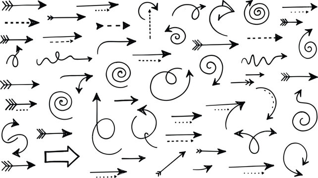 Hand drawn arrow doodle set with curved lines, dashed paths, spiral arrows and directional elements isolated on white background