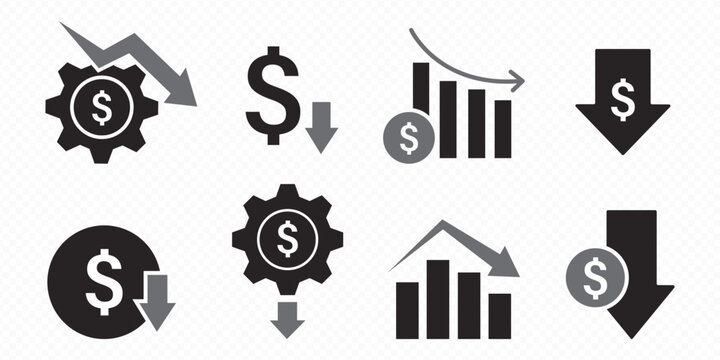 Price Up and Down Icon Set, Cost Fluctuation, Pricing Strategy and Financial Trend Concept Icons. Dollar symbol with a downward arrow representing price drop, financial savings, and decreased expenses