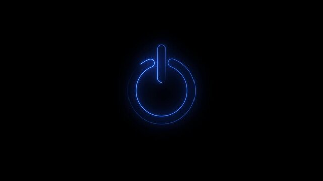 A glowing neon blue power button symbol with a subtle aura, set against a deep black background, symbolizing digital activation, technology, and the start of electronic processes
