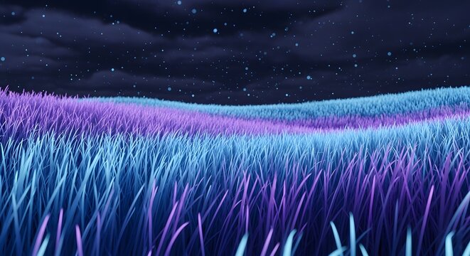 Vibrant purple and blue grass field at night with sparkling bokeh light effect.