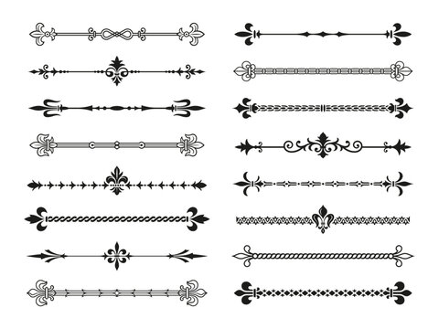 Heraldic lily dividers. Black royal borders collection with fleur de lis symbols. Medieval elegance design for text, frames, invitations, diploma, tidy vector clipart