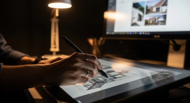 A person is sketching a building design on a tablet. The scene is dimly lit, with a desk lamp illuminating the workspace.