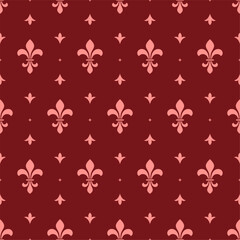 Royal lily seamless pattern. Fleur de lis elegance template on red. Fashion classic print for textile paper or fabric wallpaper, wrapping, tidy vector background © LadadikArt